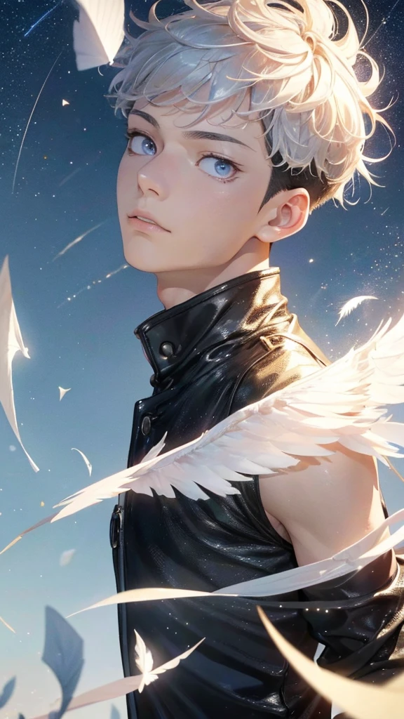 (BOY \(student, 15 years old, JK, short flowing silver hair, cosmic colored eyes, black , pale skin, tired face with no sparkle in the eyes\) is looking at the sky), (with falling wing feathers), beautiful sky, beautiful clouds, colorful summer flowers blooming here and there, (crystal clear bubbles shining through prisms here and there in the sky), there is a daytime moon and daytime stars in the sky , BREAK ,quality\ ( 8k, highly detailed CG unit wallpaper, masterpiece, high resolution, best quality, high quality genuine leather texture, highly realistic, resolution enhancement, RAW photo, best quality, highly detailed, wallpaper, cinematic lighting, ray trails, golden ratio\) , long-range shot