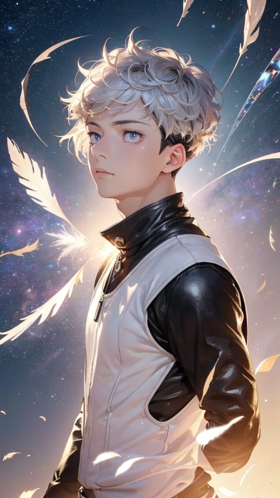 (BOY \(student, 15 years old, JK, short flowing silver hair, cosmic colored eyes, black , pale skin, tired face with no sparkle in the eyes\) is looking at the sky), (with falling wing feathers), beautiful sky, beautiful clouds, colorful summer flowers blooming here and there, (crystal clear bubbles shining through prisms here and there in the sky), there is a daytime moon and daytime stars in the sky , BREAK ,quality\ ( 8k, highly detailed CG unit wallpaper, masterpiece, high resolution, best quality, high quality genuine leather texture, highly realistic, resolution enhancement, RAW photo, best quality, highly detailed, wallpaper, cinematic lighting, ray trails, golden ratio\) , long-range shot