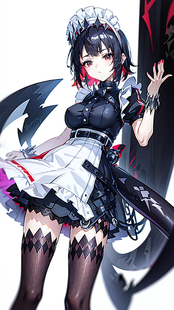 1girl, teenager, feminime, goth girl, high quality, fine detail, professional illustration, masterpiece, dynamic angle, young face, girlfriend, tomboy, emo girl, smooth body, young face, dark eyeliners, choker, red background, anime style, teasing, two color hair, sex appeal, dominating, sexually suggestive, dominant, thigh, ellen joe, black hair, colored inner hair, multicolored hair, (red eyes:1.3), red hair, short hair, two-tone hair, apron, black pantyhose, black shirt, black skirt, ear piercing, fins, fish tail, maid, maid apron, maid headdress, pantyhose, piercing, puffy short sleeves, puffy sleeves, shark girl, shark tail, shirt, short sleeves, skirt, tail, two-tone hair, wrist cuffs, from below, sexually suggestive