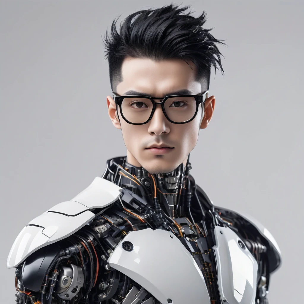 Male robot body hair with black-rimmed glasses with undercut hair, Look to the camera ::futuristic cyberpunk style ,realistic styling ::n_digital painting style, robotic parts, face perfect::seed 1、Black Edged Hair、large nose、Black-based clothing, photo by full body, White background