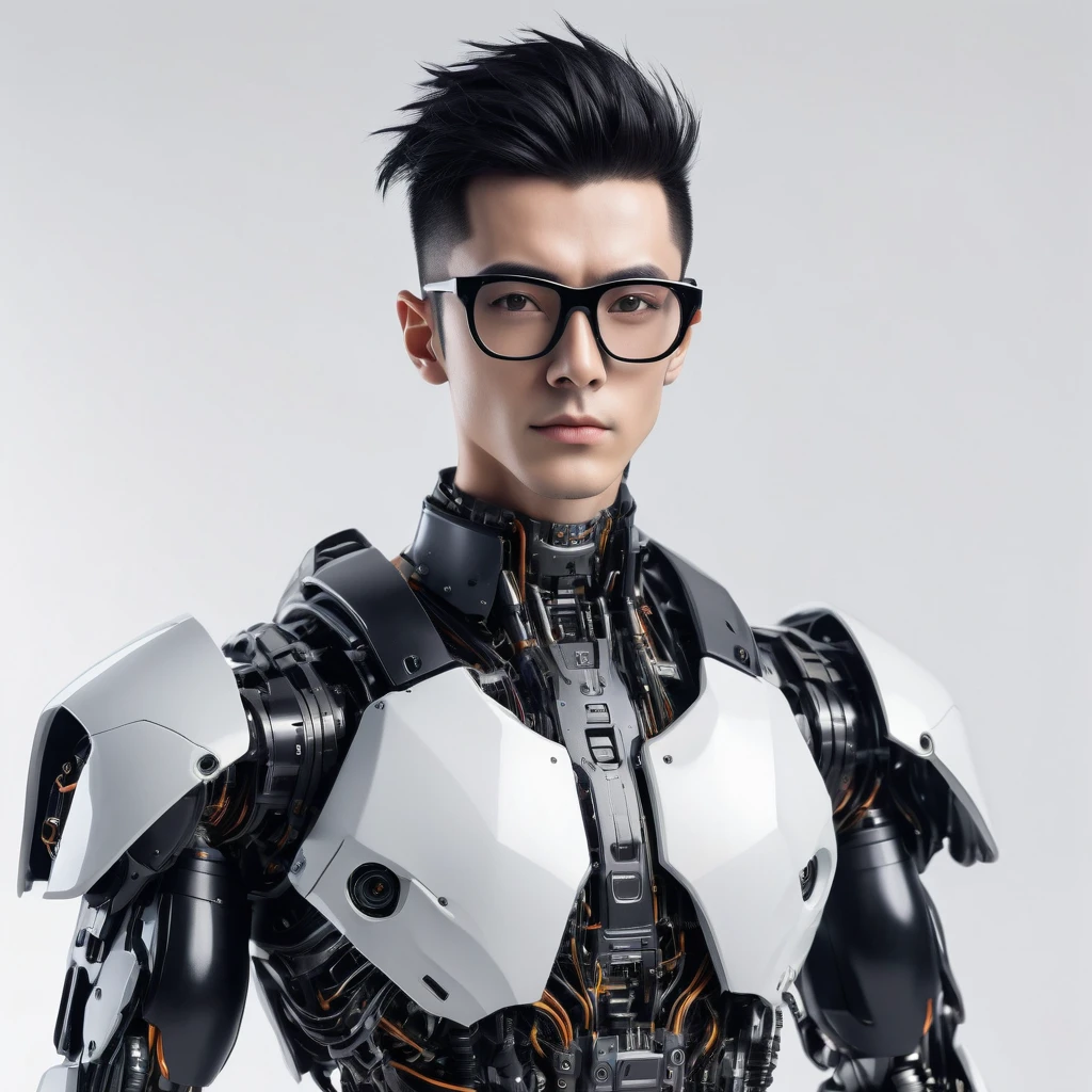 Male robot body hair with black-rimmed glasses with undercut hair, Look to the camera ::futuristic cyberpunk style ,realistic styling ::n_digital painting style, robotic parts, face perfect::seed 1、Black Edged Hair、large nose、Black-based clothing, photo by full body, White background