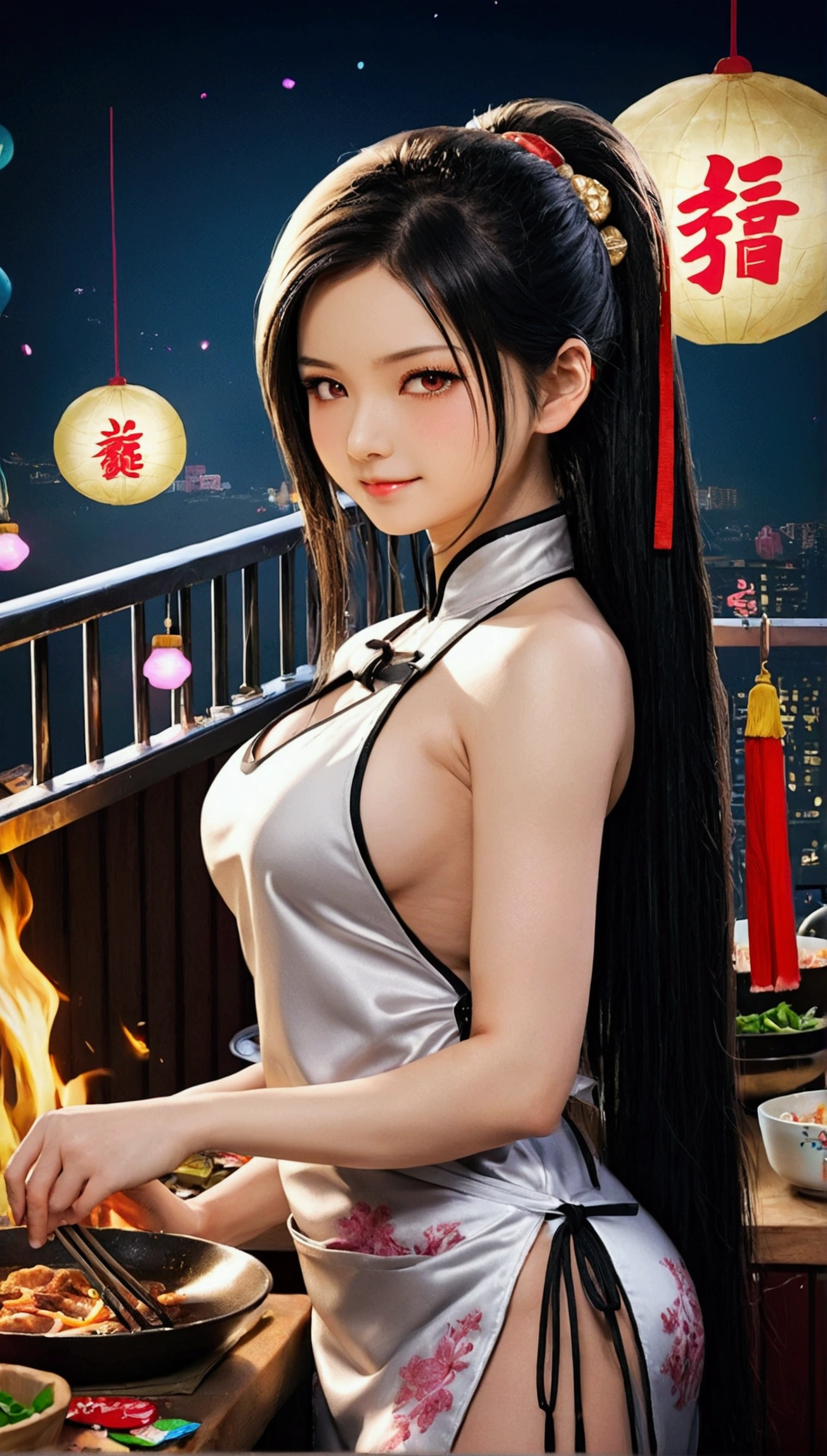 Highest quality, Super quality, 16K, Incredibly absurd, Very detailed, delicate and dynamic, SFW, Natural light, , Diffuse reflection of light, Vortex of Light, Dirty food stall, Chinese fast food, Old Chinese food stall, , , , Create amazing image effects, Kitchen, Taiwan, Taipei, (cute sexy girl, healthy shaped body, , bouncing busts, sexy long legs, Chinese food stall chef, Sensual expression, fine, Active, smile, Stove, Chinese pan, stir fry, Busy, Sweaty, black long hair, Naked Apron,,,)