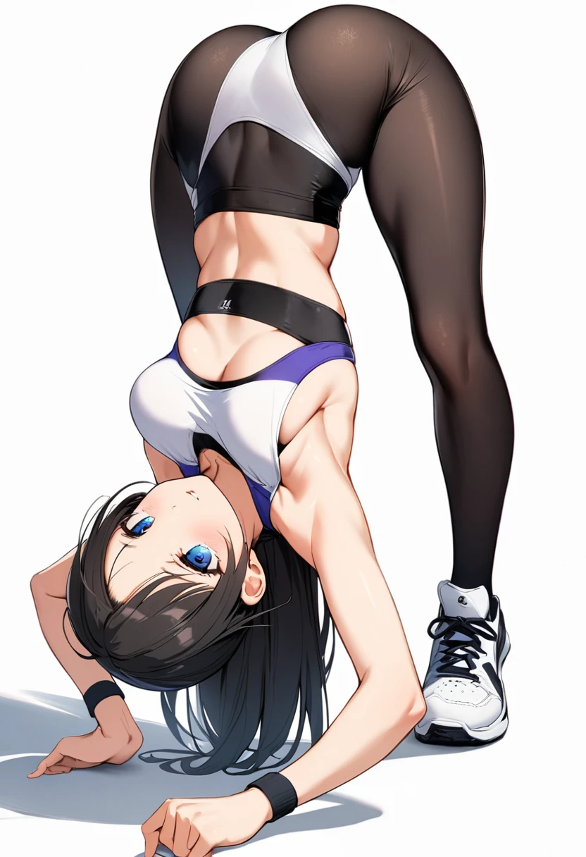 16k works,Highest quality,18-year-old,No background.White background only,whole body、Kneel,sexy, One person, Beautiful Face,, Symmetrical eyes, Perfect body, Good balance、 Perfect body、((Sports bra and black leggings)), Wristband,White loose socks,Black sneakers、squat, Spread your legs