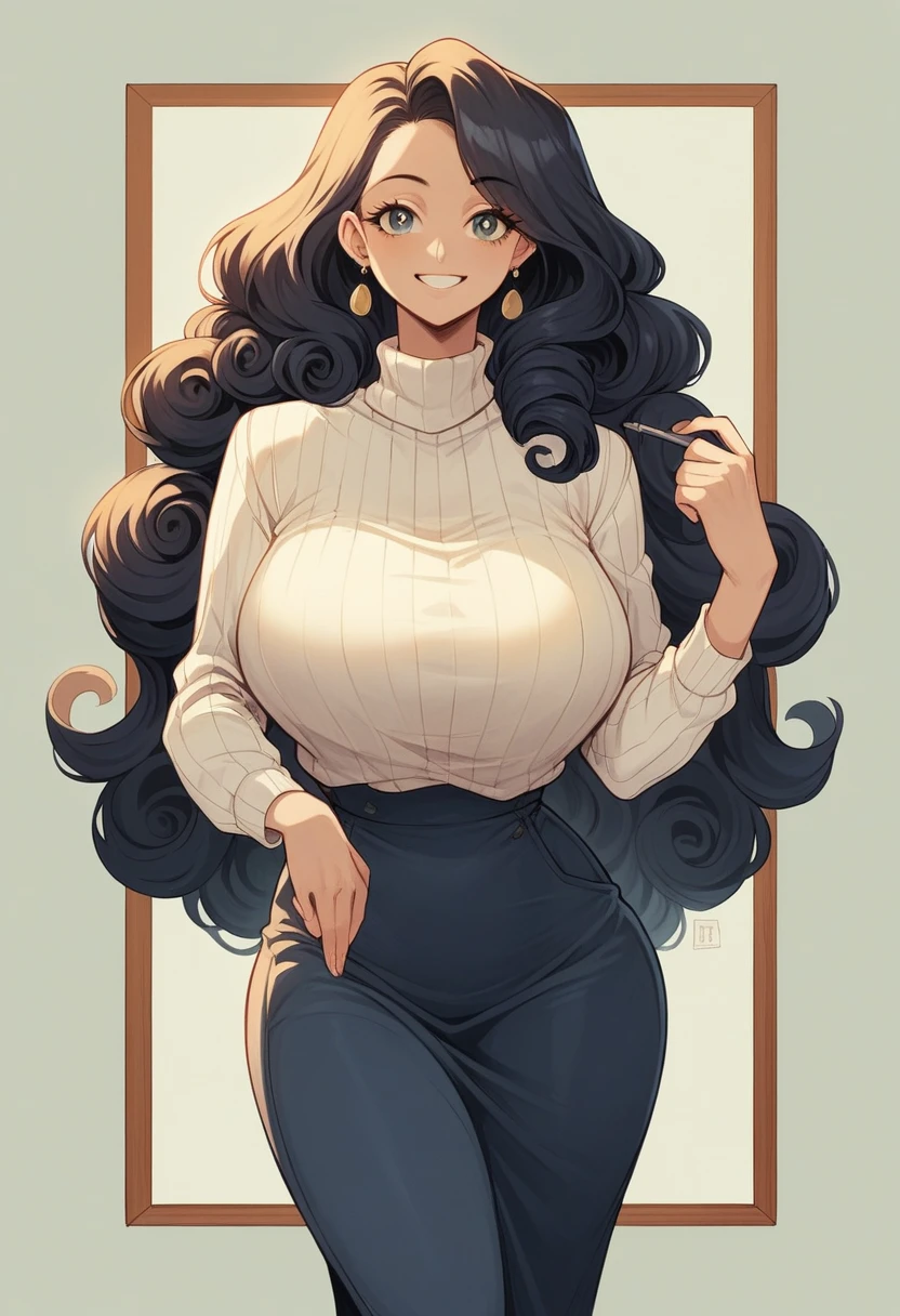 stock photo, extremely high quality, 8k, cinema style, (((whole body in picture))), 30yo beautiful teacher, Eleonora Pavinat, very slim waist, wide hips, sportive figure, long curly open hair, friendly smile, beautiful eyes, walking on a sandy path in the dark forest, cozy, casual, film grain, analog, (gigantic saggy breasts:1.3), cozy loose sweater, very long business skirt, high heels
