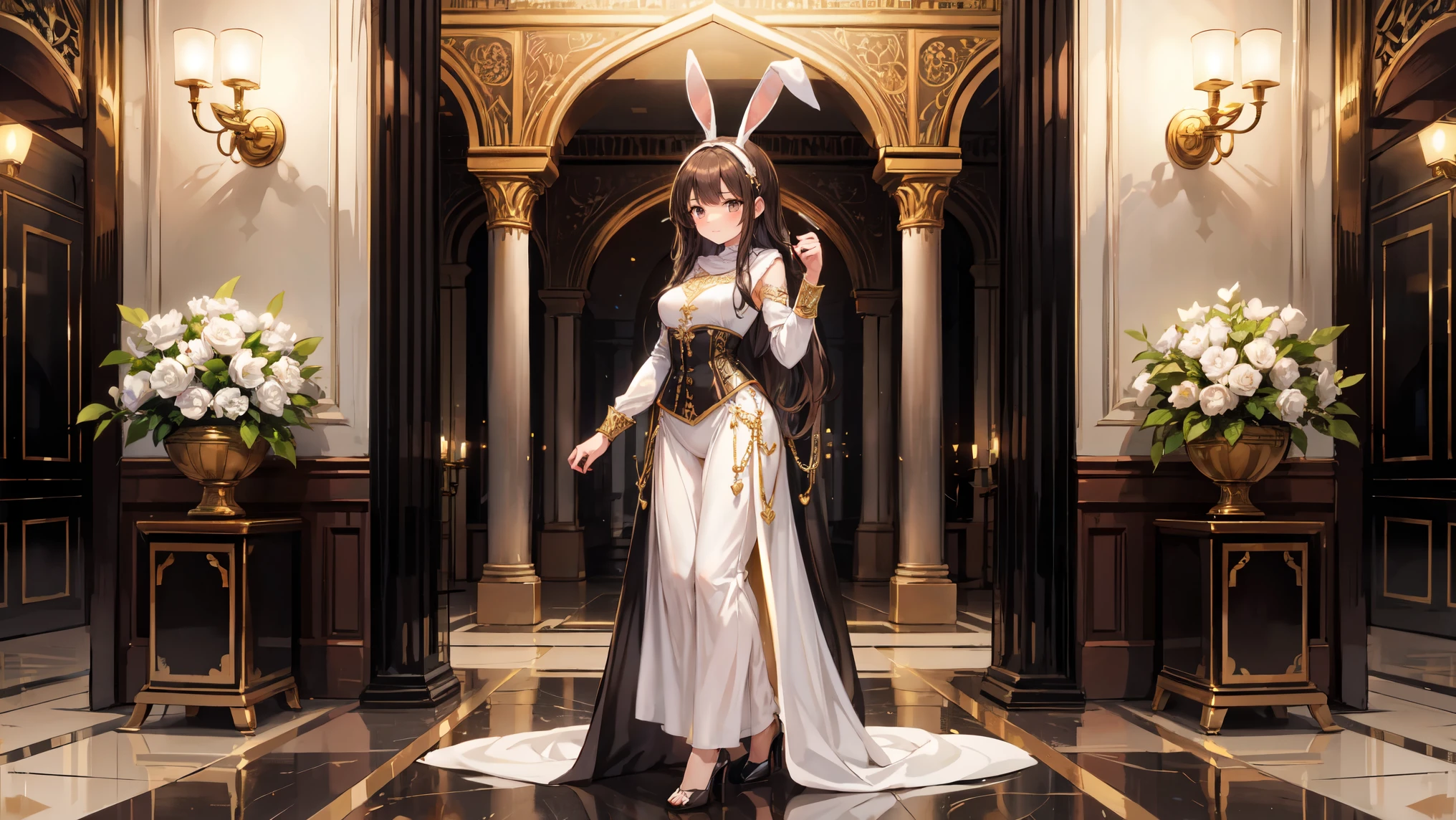 "A beautiful Saudi Arabian bunny girl, wearing a modest and elegant bunny outfit. She has long dark hair styled in soft waves, dark brown eyes, and a graceful expression. The outfit includes a flowing abaya-inspired corset with intricate gold embroidery, matching high heels, and a pair of fluffy white bunny ears adorned with delicate gold chains and traditional Saudi ornaments. She is standing in a luxurious Saudi palace with ornate arches, intricate mosaic patterns, and lush gardens in the background. The atmosphere is regal and culturally rich, capturing the essence of Saudi Arabian heritage."
