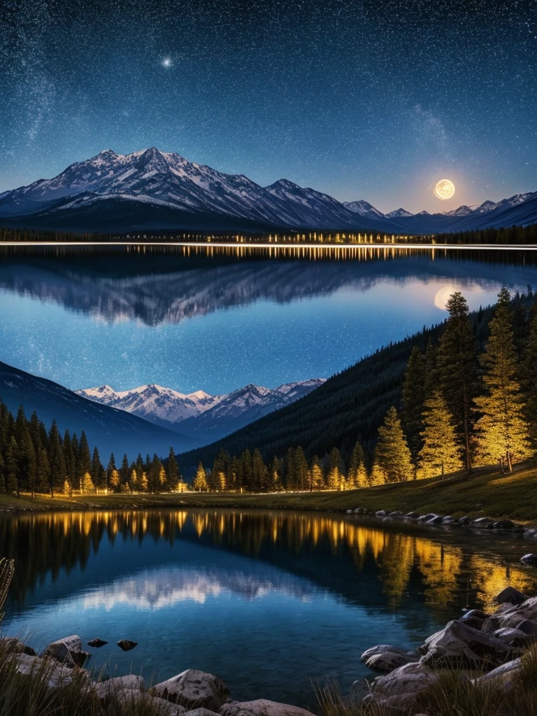 A very starry night. Huge moon behind the mountains. A quiet lake reflecting the night. Realistic Scene, detailed, Photorealism, 8K