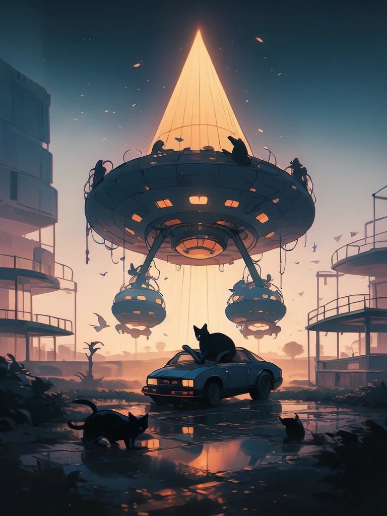 illustration of a cat flying through the sky with a spaceship in the background, cat summoning a spaceship, cat summons a spaceship, extraterrestrials reach for him, surreal flat colors, by Victor Mosquera, lofi art, space ship in the distance, alien abduction, by Craig Thompson, cat from the void, by Russell Chatham, spaceship in background