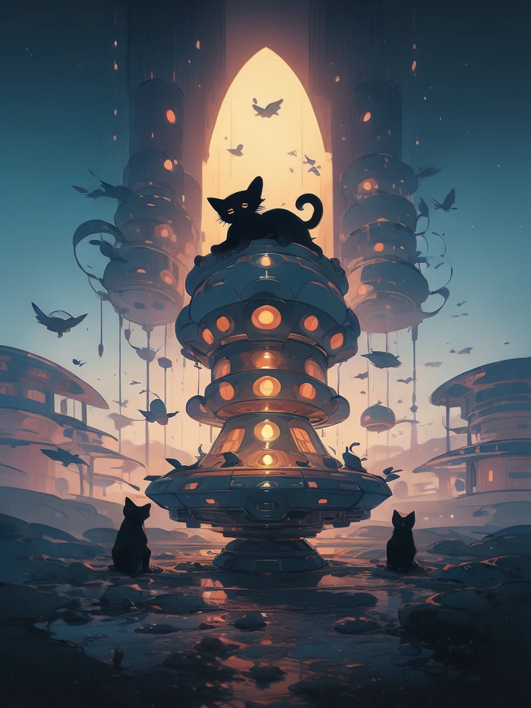 illustration of a cat flying through the sky with a spaceship in the background, cat summoning a spaceship, cat summons a spaceship, extraterrestrials reach for him, surreal flat colors, by Victor Mosquera, lofi art, space ship in the distance, alien abduction, by Craig Thompson, cat from the void, by Russell Chatham, spaceship in background