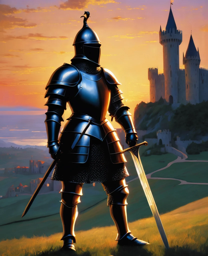 A knight with his sword at sunset, a castle in the background
