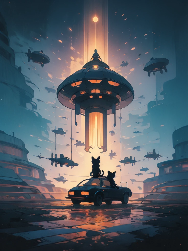 illustration of a cat flying through the sky with a spaceship in the background, cat summoning a spaceship, cat summons a spaceship, extraterrestrials reach for him, surreal flat colors, by Victor Mosquera, lofi art, space ship in the distance, alien abduction, by Craig Thompson, cat from the void, by Russell Chatham, spaceship in background