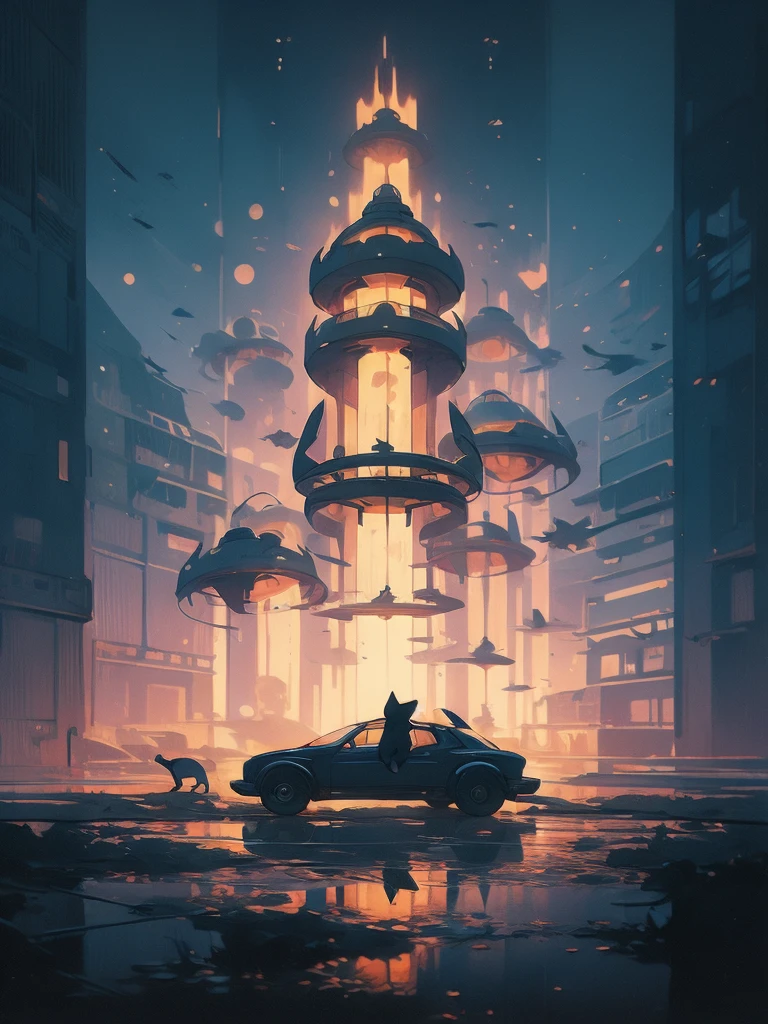 illustration of a cat flying through the sky with a spaceship in the background, cat summoning a spaceship, cat summons a spaceship, extraterrestrials reach for him, surreal flat colors, by Victor Mosquera, lofi art, space ship in the distance, alien abduction, by Craig Thompson, cat from the void, by Russell Chatham, spaceship in background