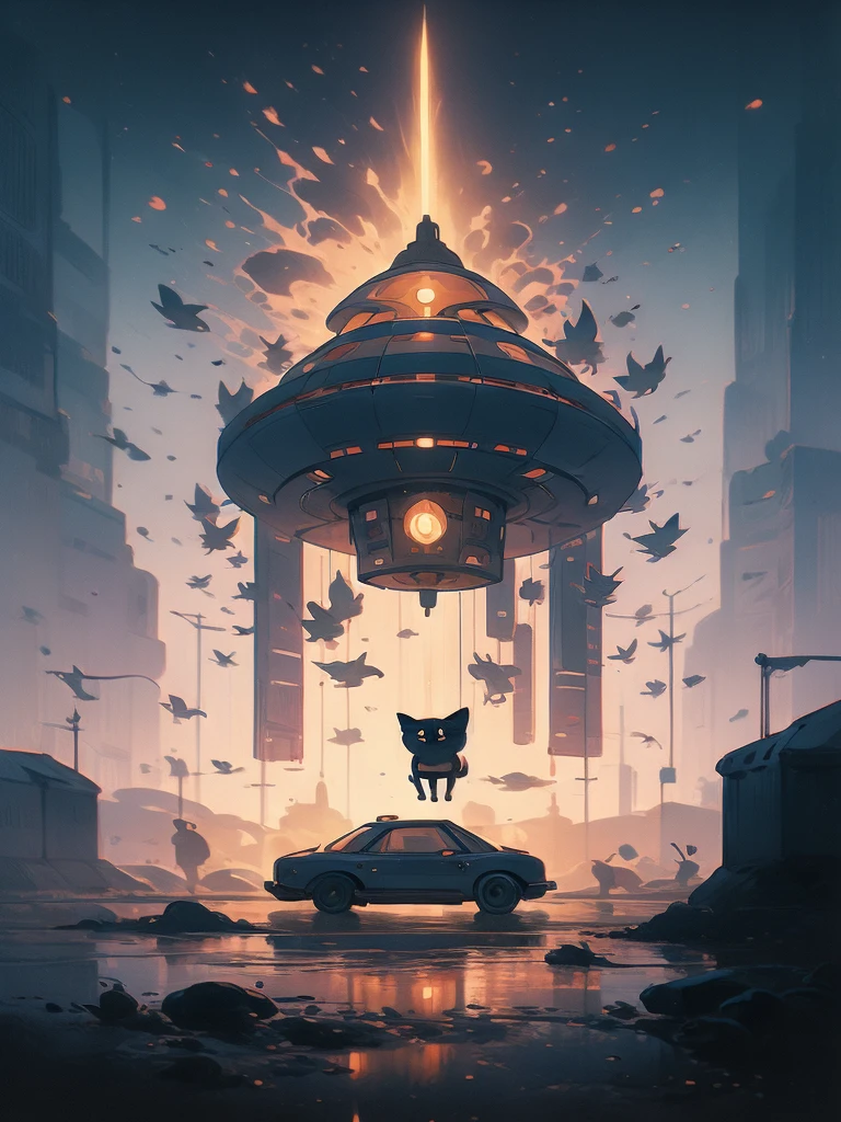 illustration of a cat flying through the sky with a spaceship in the background, cat summoning a spaceship, cat summons a spaceship, extraterrestrials reach for him, surreal flat colors, by Victor Mosquera, lofi art, space ship in the distance, alien abduction, by Craig Thompson, cat from the void, by Russell Chatham, spaceship in background