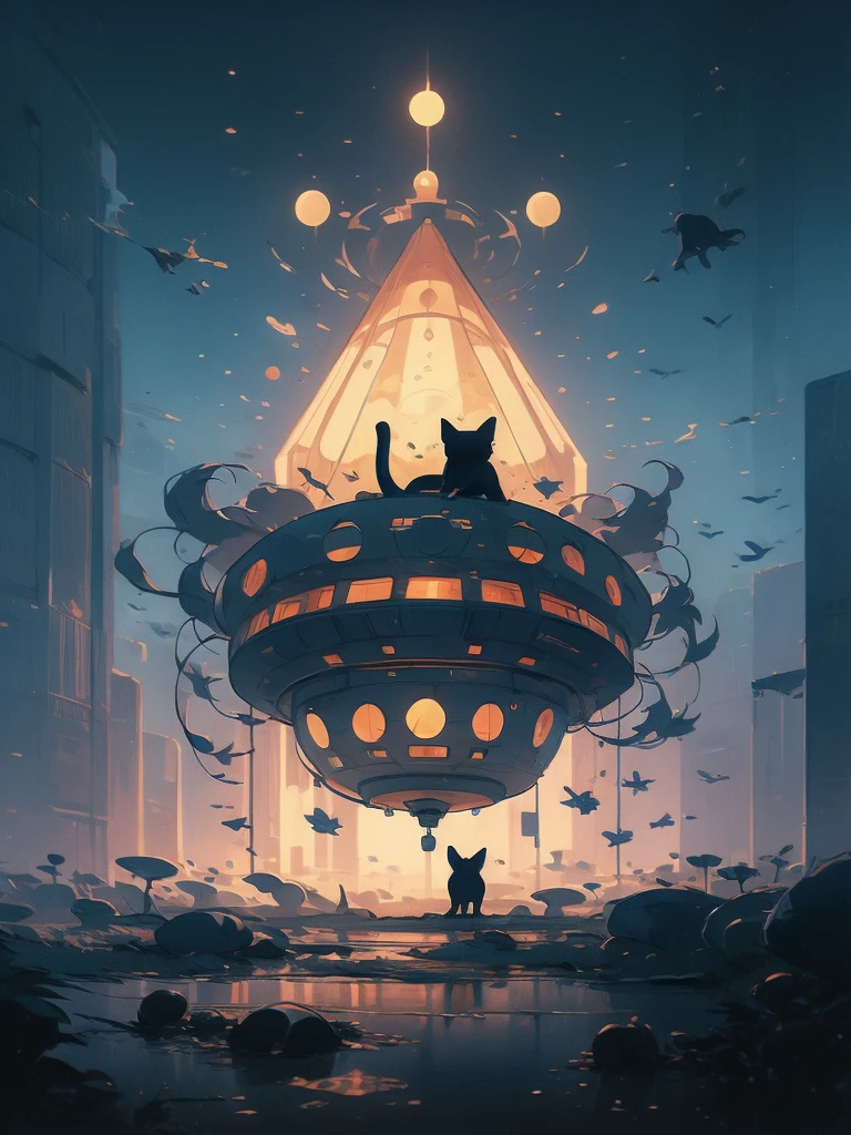 illustration of a cat flying through the sky with a spaceship in the background, concept art by Victor Mosquera, tumblr, conceptual art, cat summoning a spaceship, cat summons a spaceship, extraterrestrials reach for him, surreal flat colors, lofi art, space ship in the distance, alien abduction, cat from the void, space cat