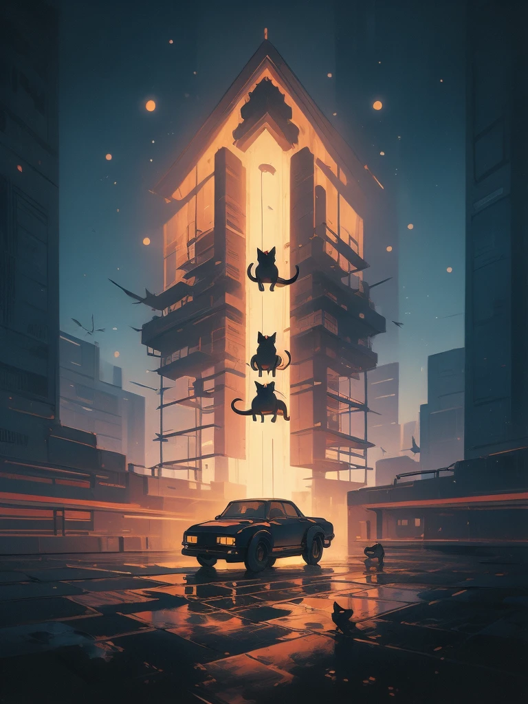 illustration of a cat flying through the sky with a spaceship in the background, concept art by Victor Mosquera, tumblr, conceptual art, cat summoning a spaceship, cat summons a spaceship, extraterrestrials reach for him, surreal flat colors, lofi art, space ship in the distance, alien abduction, cat from the void, space cat
