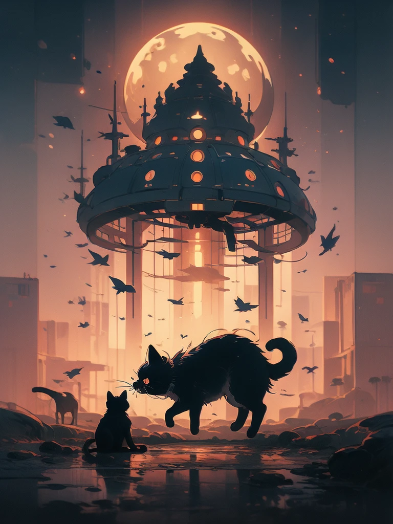 illustration of a cat flying through the sky with a spaceship in the background, concept art by Victor Mosquera, tumblr, conceptual art, cat summoning a spaceship, cat summons a spaceship, extraterrestrials reach for him, surreal flat colors, lofi art, space ship in the distance, alien abduction, cat from the void, space cat