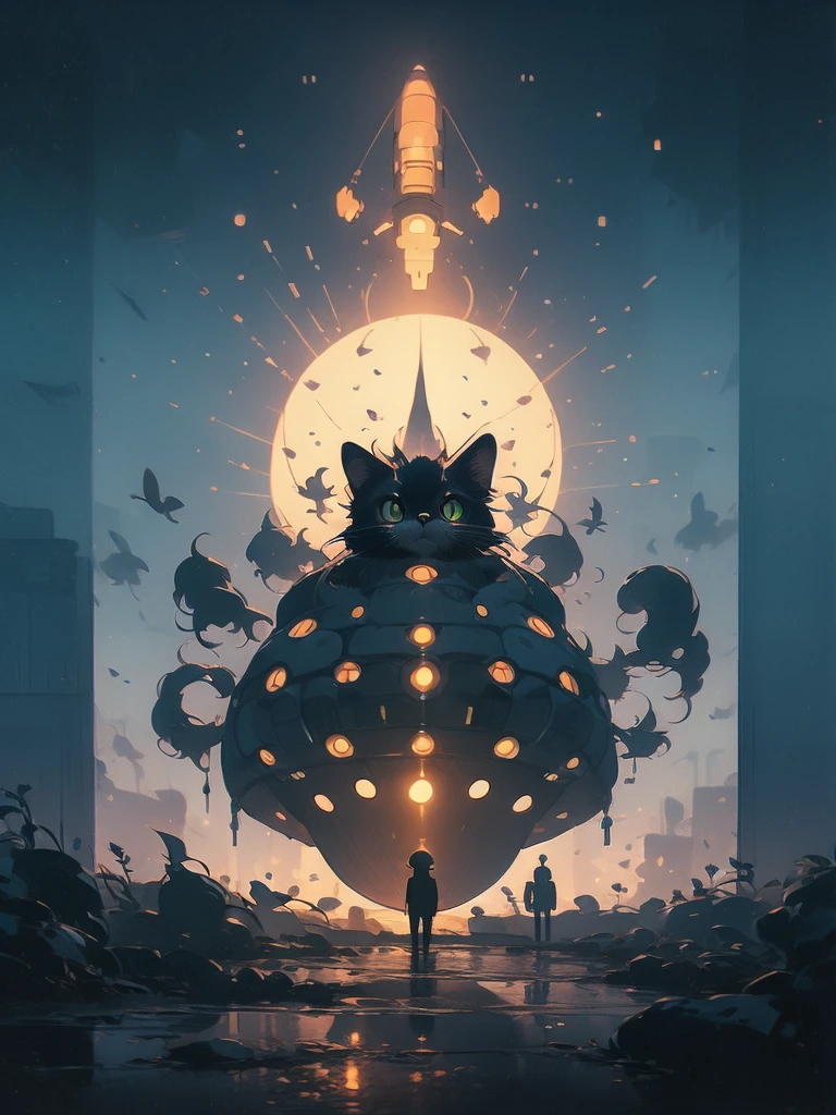 illustration of a cat flying through the sky with a spaceship in the background, concept art by Victor Mosquera, tumblr, conceptual art, cat summoning a spaceship, cat summons a spaceship, extraterrestrials reach for him, surreal flat colors, lofi art, space ship in the distance, alien abduction, cat from the void, space cat