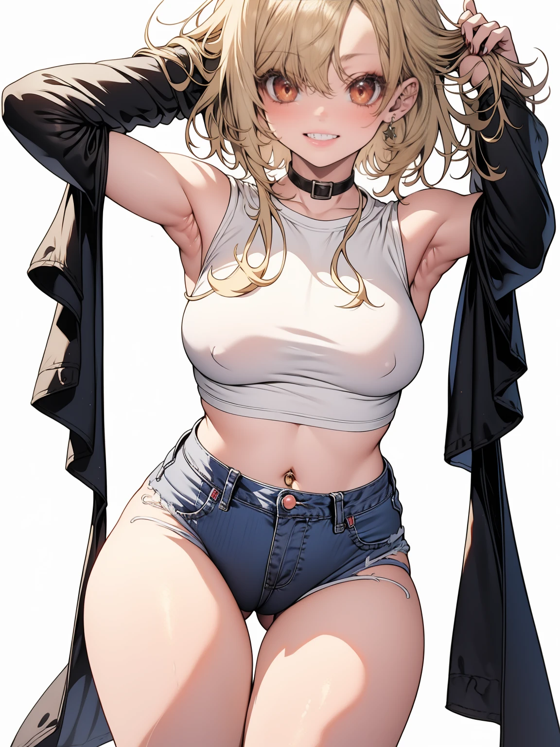 Anime, anime girl, 2d, 16y, 16 years, ((black belt)), (((full body))), Very Kawaii, smile, lip lips, seductive smile, Solo, Slim, Large Breasts, Plain White T-shirt, Very Tight Shorts, upshorts, denim shorts, Dynamic Angle, No Background, White Background, looking at viewer, darker shadows, (((absurdres))), (((thigh gap))), (((cameltoe))), (((sleeveless))),
