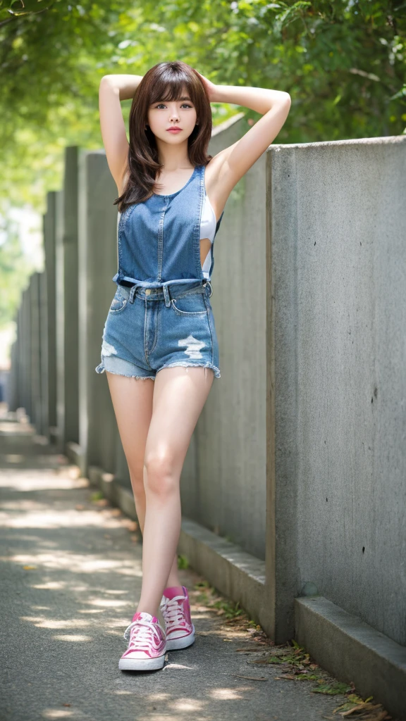 (top-quality、16K resolution) 1 girl、solo、natural soft light、Looking at the camera、sexy  tanktop、Concrete background、Facing the front、is walking、long hair、Woman in her late teens、Light bangs、short-hair、Salon model、Natural look、portlate、floated hair、Rolled hair, sexy blue jean, pink shoes, background forest,big breast , full body, sexy legs