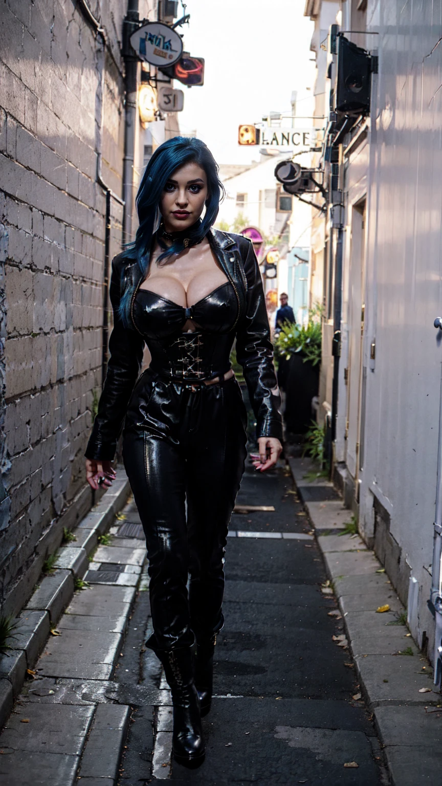 jinx, blue hair, blue leahter corset, black jacket, big breast, blakc tight leahter Trousers, purple belt, black long high heels boots,walking in a Street Alley