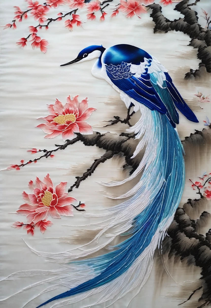 Embroidery works,embroidery,tapestry of rank, (Translucent blue ETA embroidery hanging on the wall), silky silk thread, line sleek, ,Agile white tail and fins, Lots of white space (Background with: white chinese silk), Silk Suzhou Embroidery, Ink painting and watercolor,, Realistic embroidery details, hyper HD, super detailing, 16k,