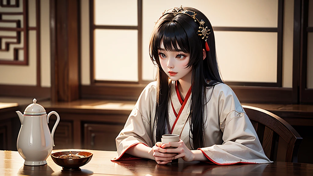 a close up of a woman sitting at a table with a cup of coffee, palace , a girl in hanfu, a young woman as genghis khan, beautiful oriental woman, chinese woman, chinese girl, chinese princess, an asian woman, a young asian woman, ancient chinese princess, asian woman, wearing ancient chinese clothes, traditional beauty, young asian girl