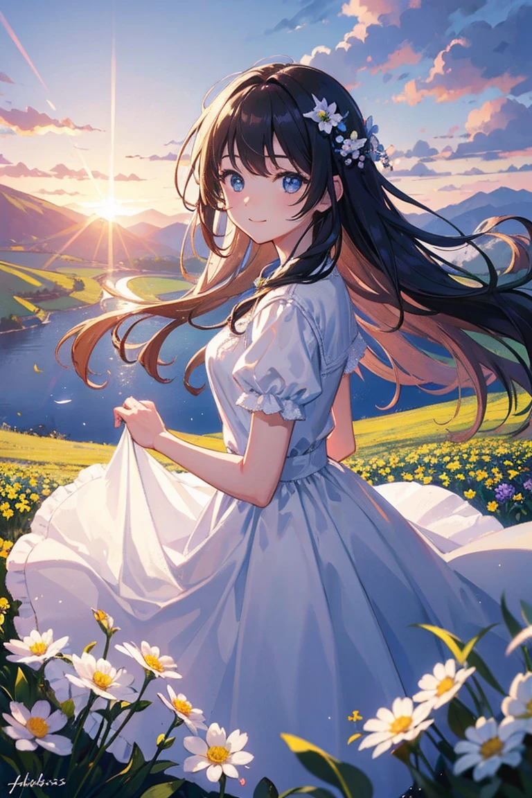 (masterpiece, Highest quality:1.2), One girl, alone, scenery, figure, View your viewers, Outdoor, Depth of field, Light on the face, Portraiture,
sunlight, null, smile, Are standing, Glowing Eyes, Lens flare, countryside, country, Long Hair, Floating Hair, flower, wood, lake, Hills, cloud, White Dress,