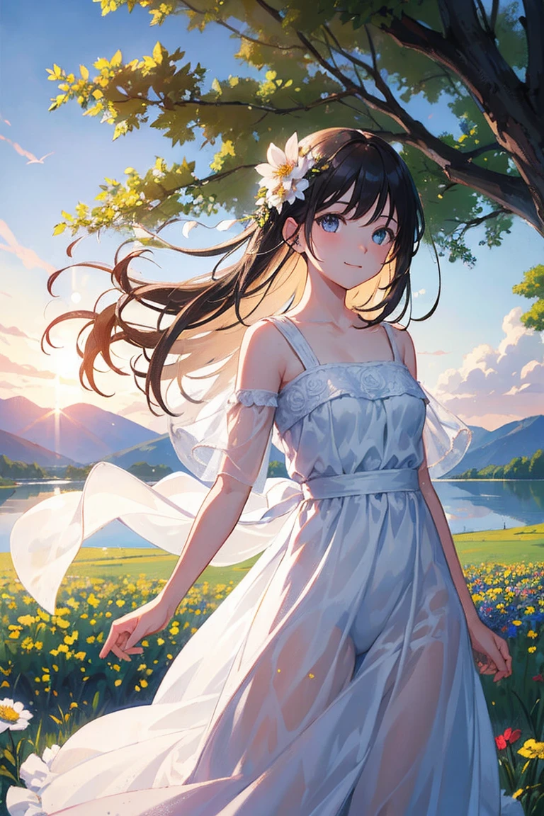 (masterpiece, Highest quality:1.2), One girl, alone, scenery, figure, View your viewers, Outdoor, Depth of field, Light on the face, Portraiture,
sunlight, null, smile, Are standing, Glowing Eyes, Lens flare, countryside, country, Long Hair, Floating Hair, flower, wood, lake, Hills, cloud, White Dress,