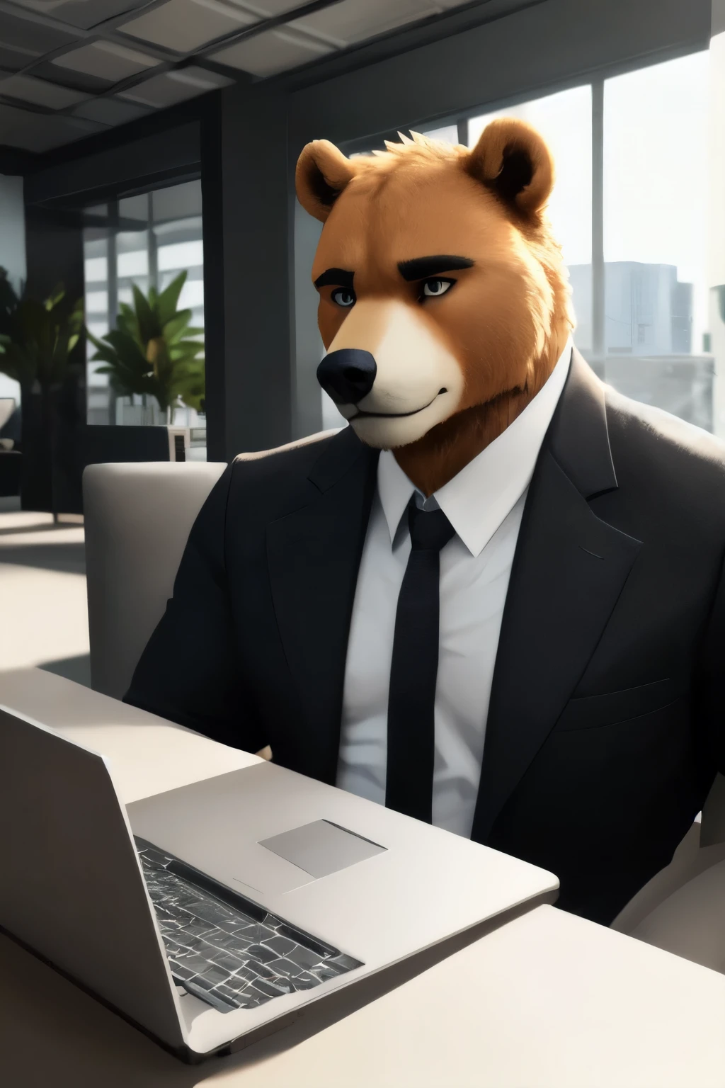 3D render, male, humanoid bear, full body, muscular, suit and tie, serious expression, realistic, masterpiece, highest quality, lens flare, unreal engine, trending on ArtStation, Intricate, High Detail, dramatic, realism, realistic, sitting, investment, stock market, laptop open, tie loosened slightly, detailed eyes, detailed body, detailed face, bright office, expressive, masculine, focused.
By ArtistName1, best quality, masterpiece, perfect anatomy, detailed picture.