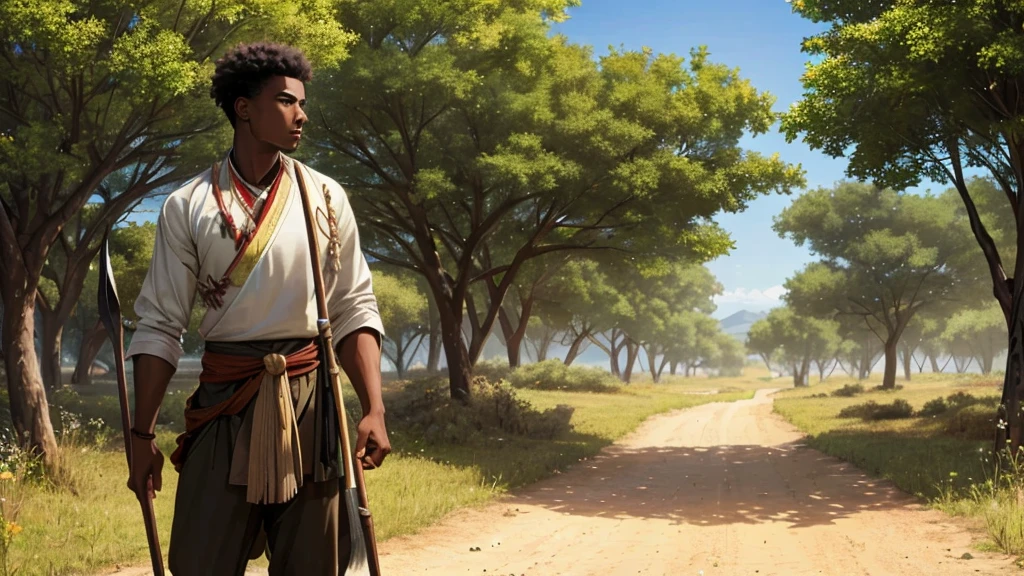 A realistic looking image of a black young man, 19 years old, in traditional hunting attire, holding his spears and bows, running
