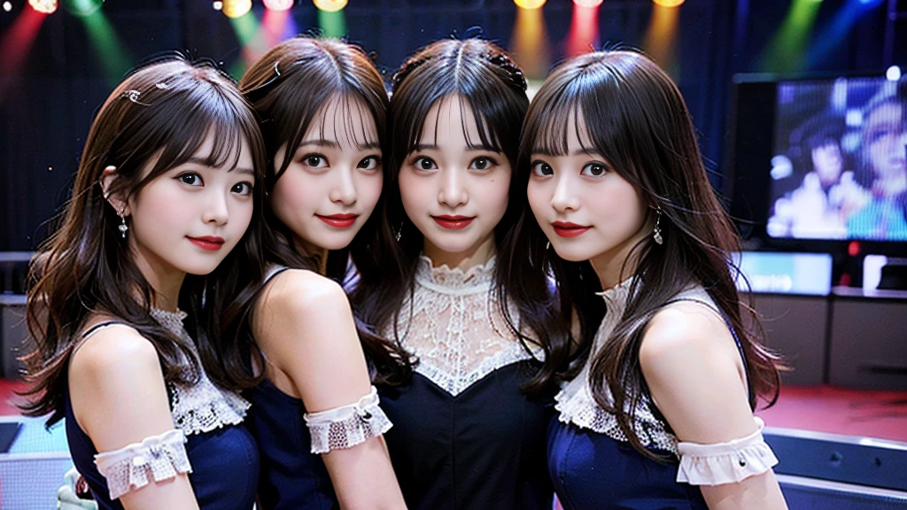 ((super high quality、High resolution、masterpiece、 Anatomically correct、Super detailed photos、Ultra-realistic photos、 Highest quality))、group photo、(3girs)、looking at viewer、Live Stage、Spotlight、Three girls holding each other close、(cowboy shot)、(Idol Costumes:1.2)、((from front))、(huge breast)、Small waist、Detailed face、Perfect figure、black hair、medium straight hair