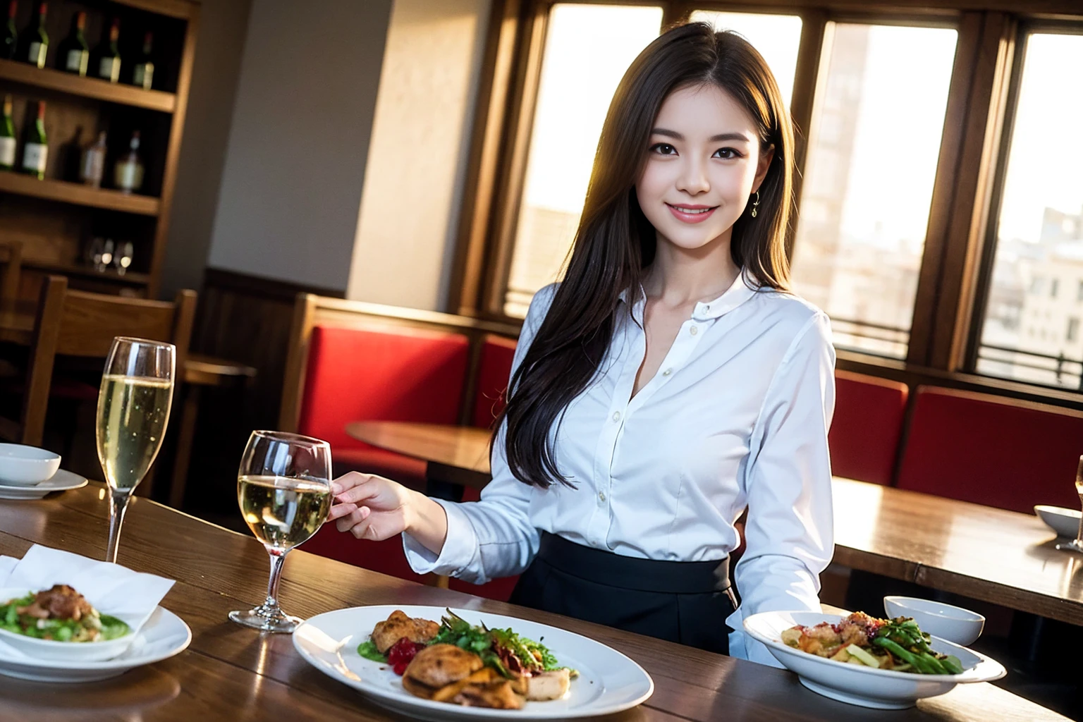 ((Highest quality、8K、masterpiece:1.3))、Shortcuts、cute、slimカップル、modelカップル、actress男優、(Realistic, Intricate details:1.2), full-course dinner、Wine Party、Amazing view of the sunset sky and clouds、A bright smile、short hair,Bright Face、 (Age 45), 42 years old, red wine 、Appetizers、Italian food、Wine bottle、Champagne、sparkling wine、Two beauties、Brown Hair、Shortcuts、Long sleeve shirt、dress、Beautiful woman 1, (slimな顔), (The body is slim), (Brown Hair), (Shortcuts), cheeks turn a little red,Attractive beauty、restaurant, In a prominent place (From the waist up) Nova Frog Style, actress, model, Upper Body, White wine, slim, wine glass, 中央に置かれたwine glass, smile, (smile: 1.15), Beautiful fine grain, Depth f/2,saturation, High Contrast, Strong light and shadow,Moist Body:1.5、3D texture、Delicate eyes、Brown Hair、The hair is very shiny、