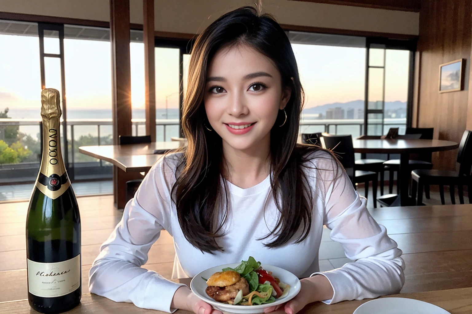 ((Highest quality、8K、masterpiece:1.3))、Shortcuts、cute、slimカップル、modelカップル、actress男優、(Realistic, Intricate details:1.2), full-course dinner、Wine Party、Amazing view of the sunset sky and clouds、A bright smile、short hair,Bright Face、 (Age 45), 42 years old, red wine 、Appetizers、Italian food、Wine bottle、Champagne、sparkling wine、Two beauties、Brown Hair、Shortcuts、Long sleeve shirt、dress、Beautiful woman 1, (slimな顔), (The body is slim), (Brown Hair), (Shortcuts), cheeks turn a little red,Attractive beauty、restaurant, In a prominent place (From the waist up) Nova Frog Style, actress, model, Upper Body, White wine, slim, wine glass, 中央に置かれたwine glass, smile, (smile: 1.15), Beautiful fine grain, Depth f/2,saturation, High Contrast, Strong light and shadow,Moist Body:1.5、3D texture、Delicate eyes、Brown Hair、The hair is very shiny、