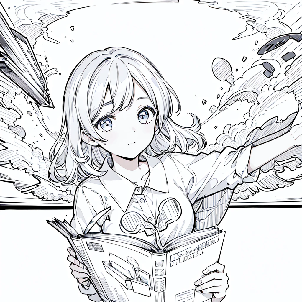 A girl,close up, wearing white shirt, reading a book, (best quality:1.3), (highres:1), (detailed:1.3), (incredible:1.3), (perfect:1.3), (perfection:1.3), (illustration:1.3), she's getting fun while reading it, dynamic on scene