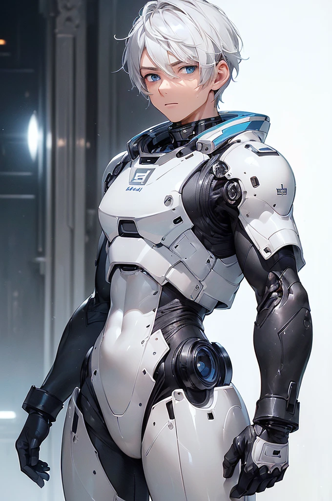 (((masterpiece; best quality: 1.2))), (finely detailed eyes: 1.3), (25 year old man), (solo), (blue eyes: 1.4), (body; toned, fit, masculine: 1.3), (short white hair: 1.3), (beautiful and clear background: 1.2), ((depth of field)), (equipment: black-and-white mechpilot bodysuit + black gloves: 1.3), (anime illustration: 1.2), (background composition; hangar: 1.1), (extremely fine and handsome: 1.1), (shot composition; standing + centered on torso + close-up: 1.5), (expression; calm, stoic: 1.2)