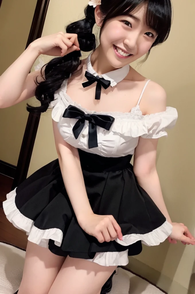 smile、Ami Maejima、maeshima ami、Armpit、Leg spread、maid costume、chest、Thighs、smile、solo girl、Black Skirt、Frillaid