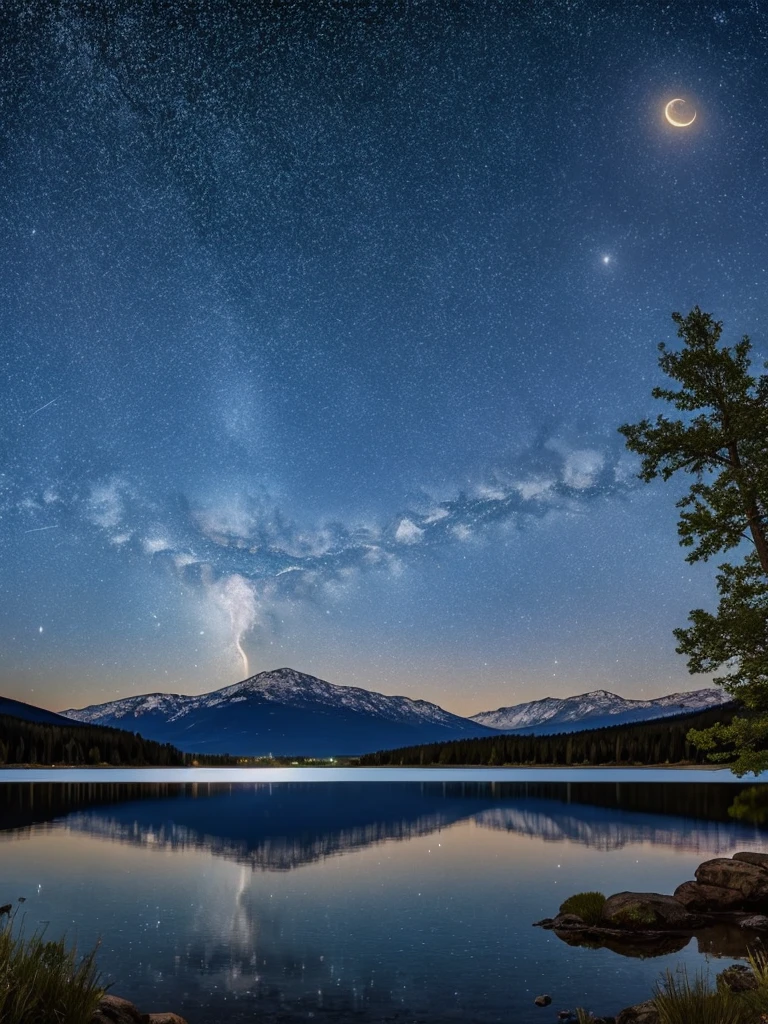 A very starry night. Huge moon behind the mountains. Calm lake reflecting the night. Realistic scene, details, photorealism, 8k