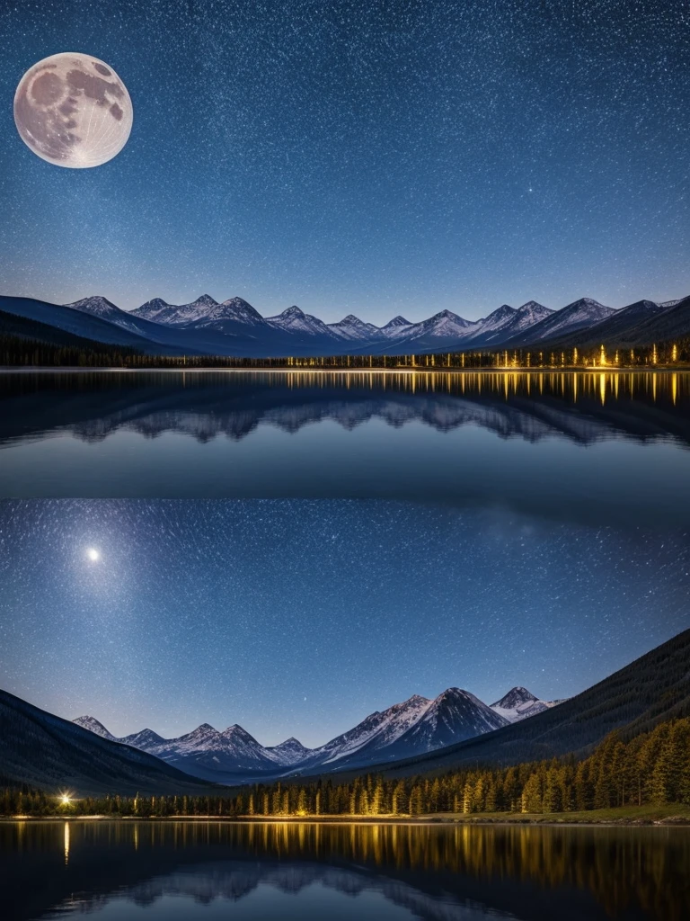 A very starry night. Huge moon behind the mountains. Calm lake reflecting the night. Realistic scene, details, photorealism, 8k