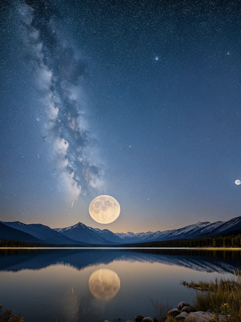 A very starry night. Huge moon behind the mountains. Calm lake reflecting the night. Realistic scene, details, photorealism, 8k