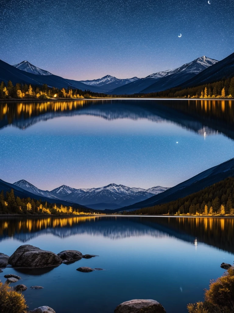 A very starry night. Huge moon behind the mountains. Calm lake reflecting the night. Realistic scene, details, photorealism, 8k