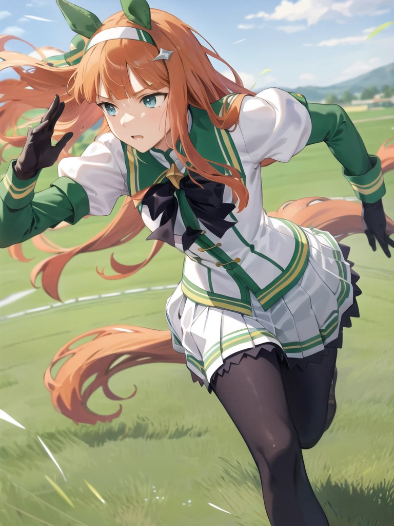 masterpiece, best quality, close up, face shot, silence suzuka \(umamusume\),black gloves, white skirt, pleated skirt, black pantyhose, layered sleeves, puffy short sleeves, short over long sleeves, black bow, running, flowing grass,