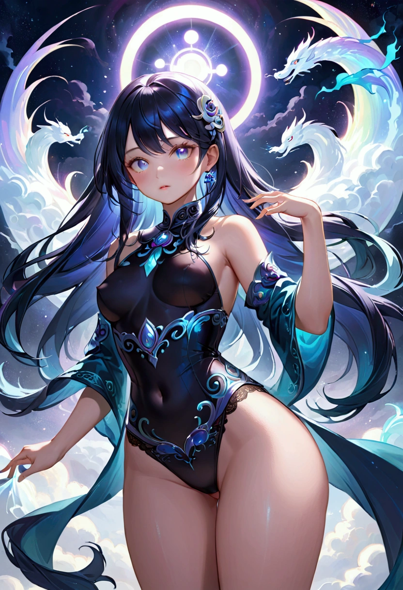 Girl, long dark iridescent hair, iridescent eyes, large thighs, small waist, small breast, taoist