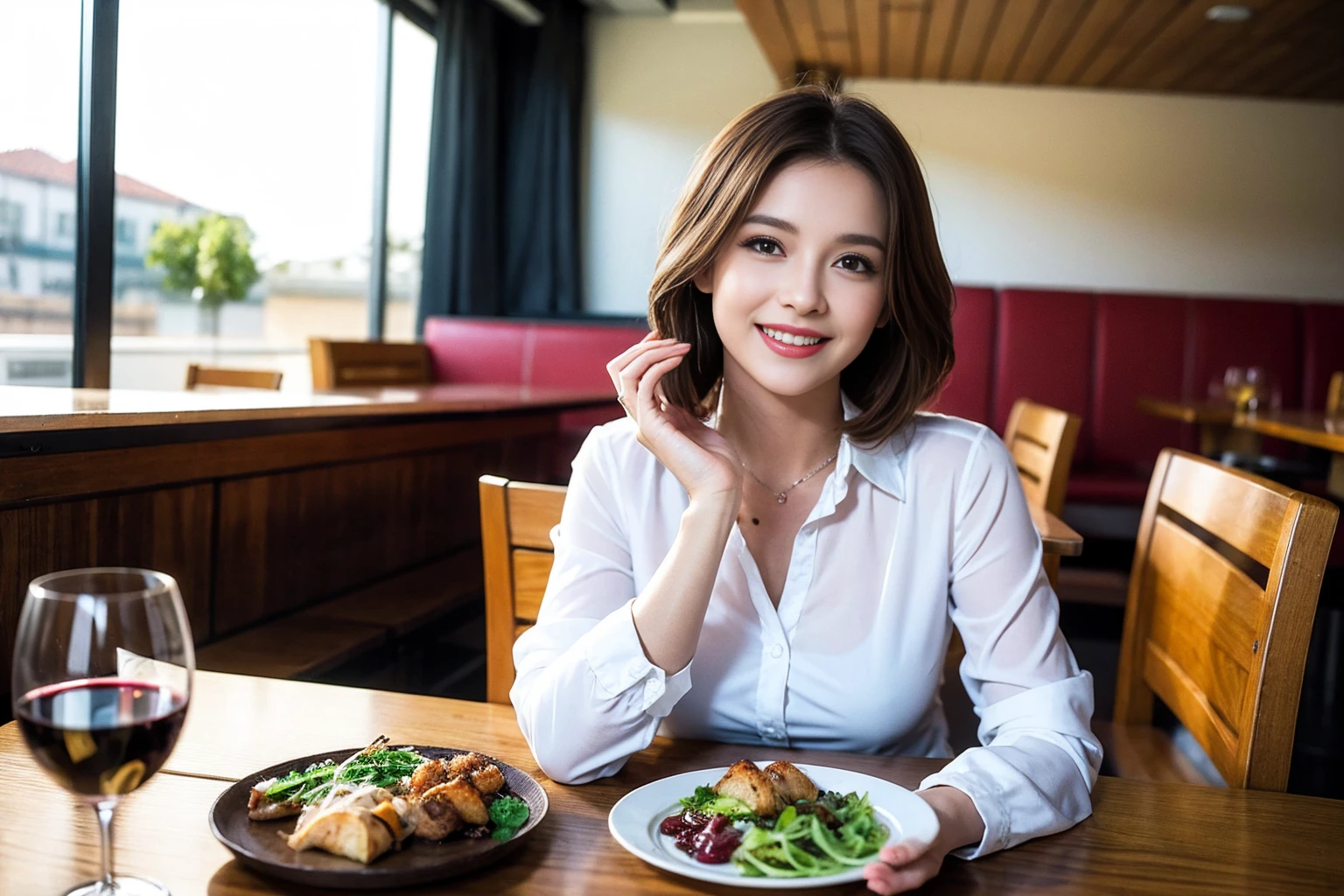 ((Highest quality、8K、masterpiece:1.3))、Shortcuts、cute、slimカップル、modelカップル、actress男優、(Realistic, Intricate details:1.2), full-course dinner、Wine Party、Amazing view of the sunset sky and clouds、A bright smile、short hair,Bright Face、 (Age 45), 42 years old, red wine 、Appetizers、Italian food、Wine bottle、Champagne、sparkling wine、Two beauties、Brown Hair、Shortcuts、Long sleeve shirt、dress、Beautiful woman 1, (slimな顔), (The body is slim), (Brown Hair), (Shortcuts), cheeks turn a little red,Attractive beauty、restaurant, In a prominent place (From the waist up) Nova Frog Style, actress, model, Upper Body, White wine, slim, wine glass, 中央に置かれたwine glass, smile, (smile: 1.15), Beautiful fine grain, Depth f/2,saturation, High Contrast, Strong light and shadow,Moist Body:1.5、3D texture、Delicate eyes、Brown Hair、The hair is very shiny、