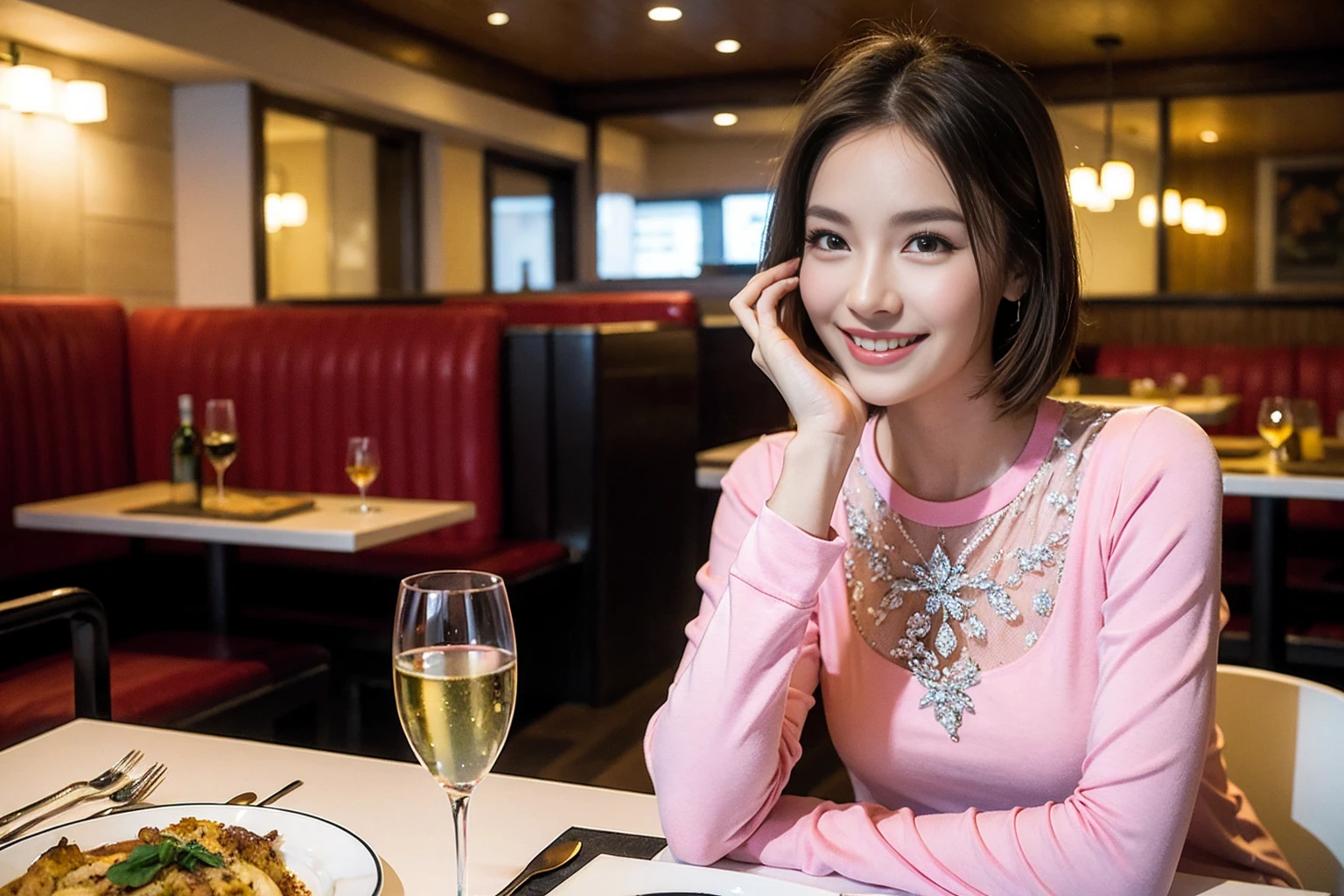 ((Highest quality、8K、masterpiece:1.3))、Shortcuts、cute、slimカップル、modelカップル、actress男優、(Realistic, Intricate details:1.2), full-course dinner、Wine Party、Amazing view of the sunset sky and clouds、A bright smile、short hair,Bright Face、 (Age 45), 42 years old, red wine 、Appetizers、Italian food、Wine bottle、Champagne、sparkling wine、Two beauties、Brown Hair、Shortcuts、Long sleeve shirt、dress、Beautiful woman 1, (slimな顔), (The body is slim), (Brown Hair), (Shortcuts), cheeks turn a little red,Attractive beauty、restaurant, In a prominent place (From the waist up) Nova Frog Style, actress, model, Upper Body, White wine, slim, wine glass, 中央に置かれたwine glass, smile, (smile: 1.15), Beautiful fine grain, Depth f/2,saturation, High Contrast, Strong light and shadow,Moist Body:1.5、3D texture、Delicate eyes、Brown Hair、The hair is very shiny、
