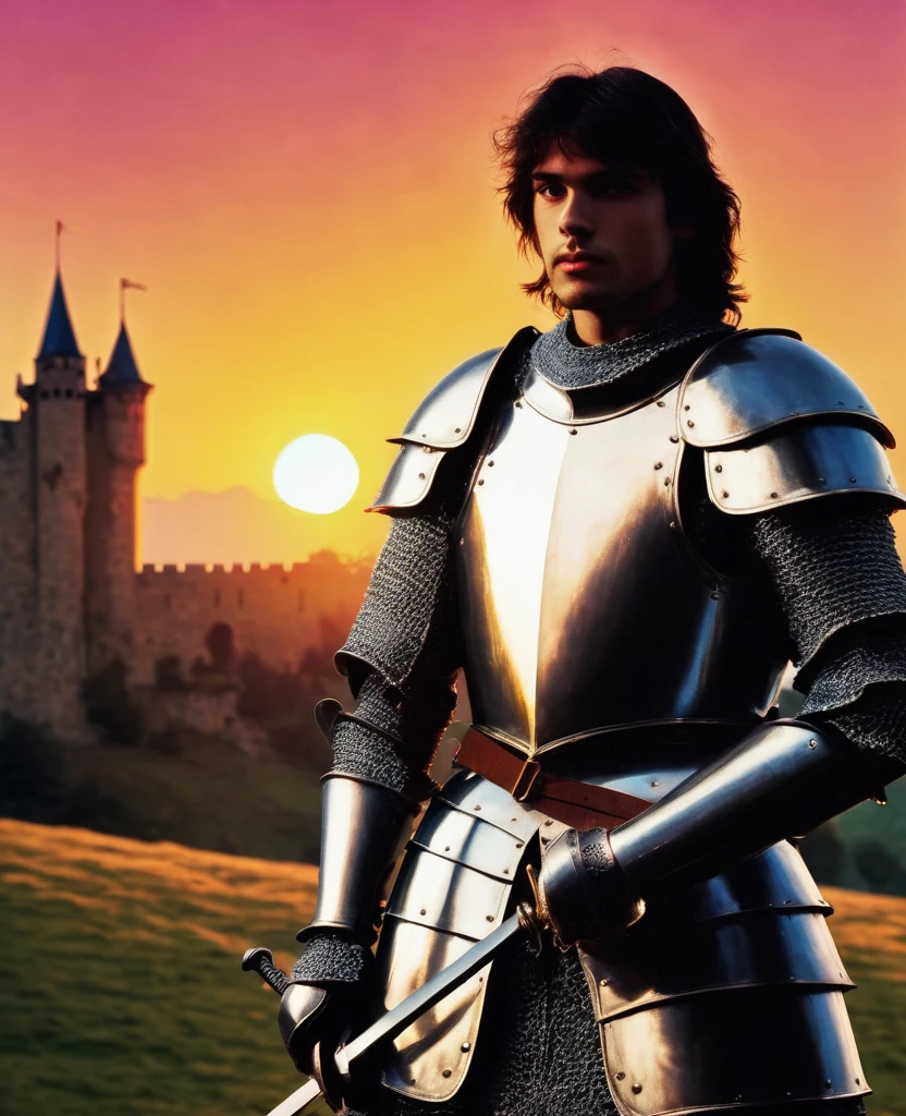 A knight with his sword at sunset, a castle in the background, nostalgic feeling, 80s effect