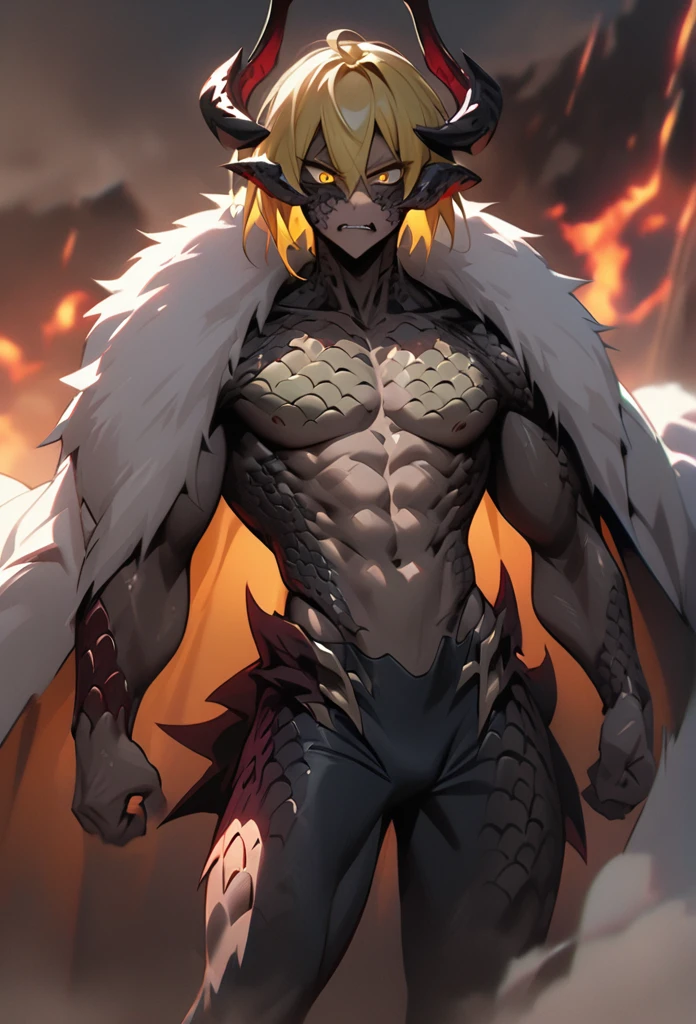 (High resolution, best quality, masterpiece), detailed, ultra detail, 1male, physically fit, muscular body, fierce expression, yellow eyes, (detailed eyes), yellow hair, short length hair, full body, ((white dragon horns)), ((face: dragon scales)), face covered in scales, human skin, ((topwear: white fur lined coat, bottomwear: tight jeans)), sunny background, part draconic, somber expression, inhuman, reptilian skin, close up