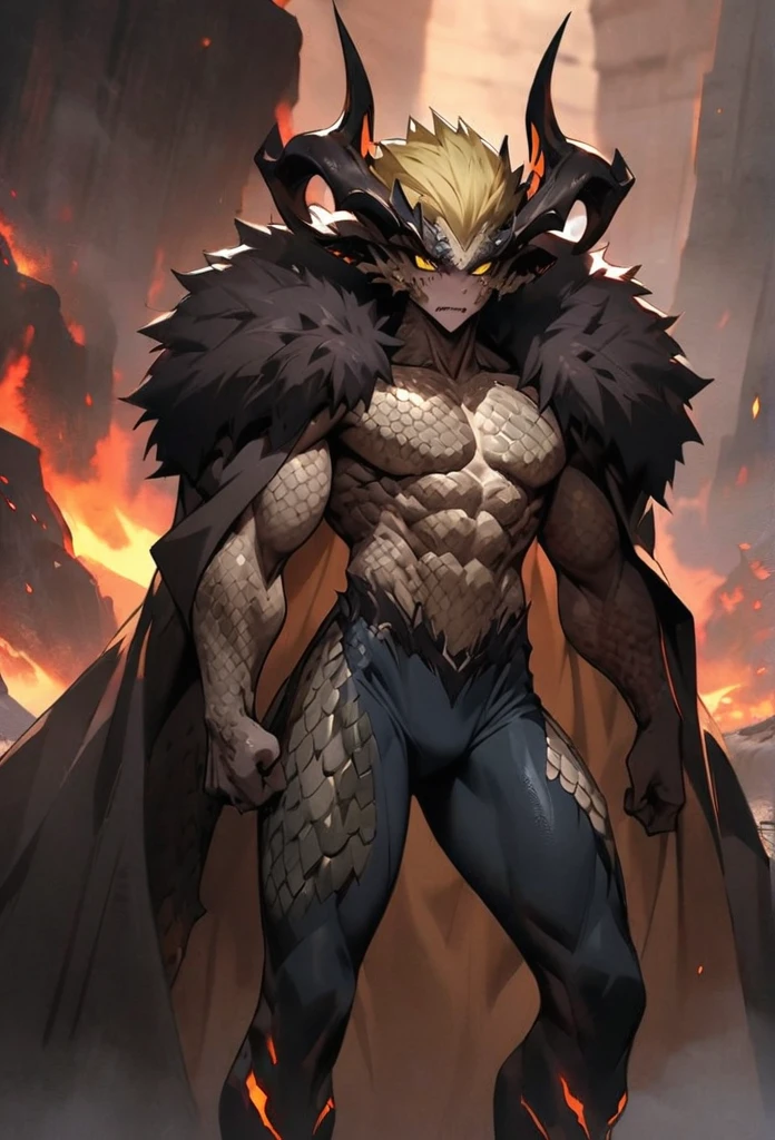 (High resolution, best quality, masterpiece), detailed, ultra detail, 1male, physically fit, muscular body, fierce expression, yellow eyes, (detailed eyes), yellow hair, short length hair, full body, ((white dragon horns)), ((face: dragon scales)), face covered in scales, human skin, ((topwear: white fur lined coat, bottomwear: tight jeans)), sunny background, part draconic, somber expression, inhuman, reptilian skin, close up