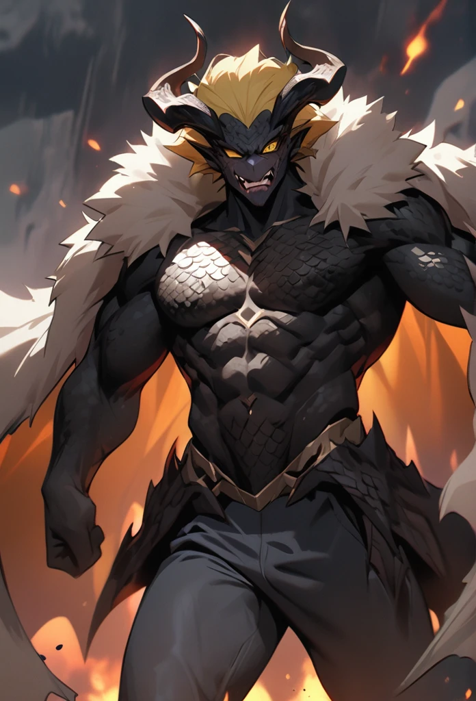 (High resolution, best quality, masterpiece), detailed, ultra detail, 1male, physically fit, masculine male, muscular body, fierce expression, dark eyes, (detailed eyes), Yellow hair, short length hair, full body, ((dragon horns)), ((face: dragon scales)), face covered in scales, human body, human skin ((topwear: fur lined coat, bottomwear: baggy jeans)), snowy background, part draconic, somber expression, inhuman, reptilian skin, close up
