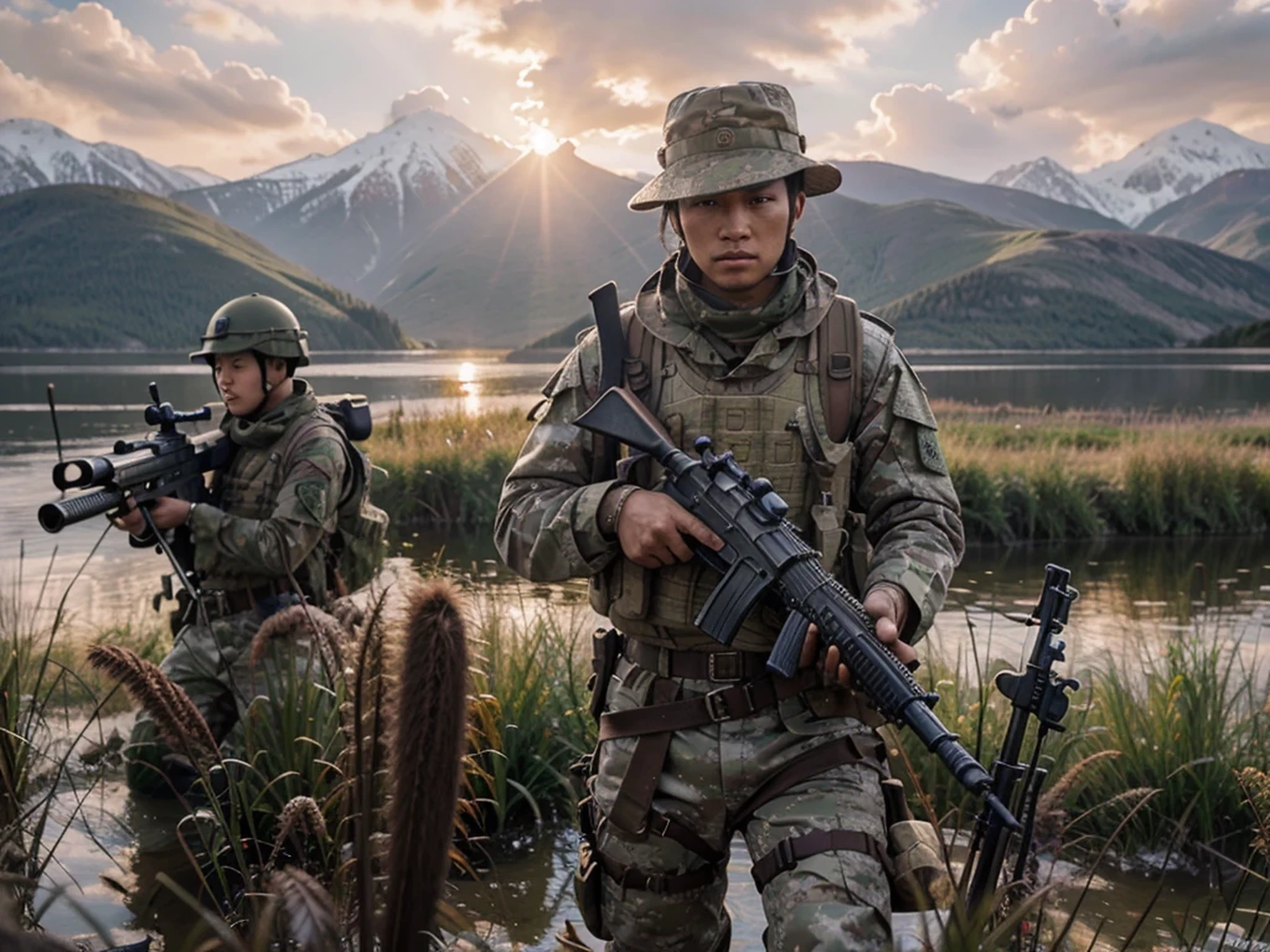 Chinese male soldier, rough face, very short hair, light brown military uniform, carries rifle, belts with ammunition, military backpack and explorer's hat, is coming out of the water ultra-realistic, beautiful sunset, realistic, 4k, Ultra detailed image, realistic, Highly detailed, perfect composition, gorgeous, Intricately detailed, incredibly detailed, Art photography 8K, hyper detailed, Masterpiece, Ultra detailed, hyper realistic, 4k, Ultra detailed image, realistic, Highly detailed, perfect composition, beautiful, intricately detailed, incredibly detailed , art photography 8k, hyper detailed, masterpiece