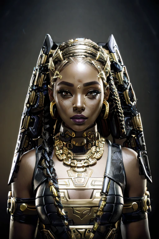 African Woman, Black Woman, In Her late twenties, black and gold mechaarmor, ssahc, Braided hair, lip ring piercing, gold necklace, Cyberpunk background, visible face, black and gold armor, nose ring piercing, face piercings, luxury tech armor, 