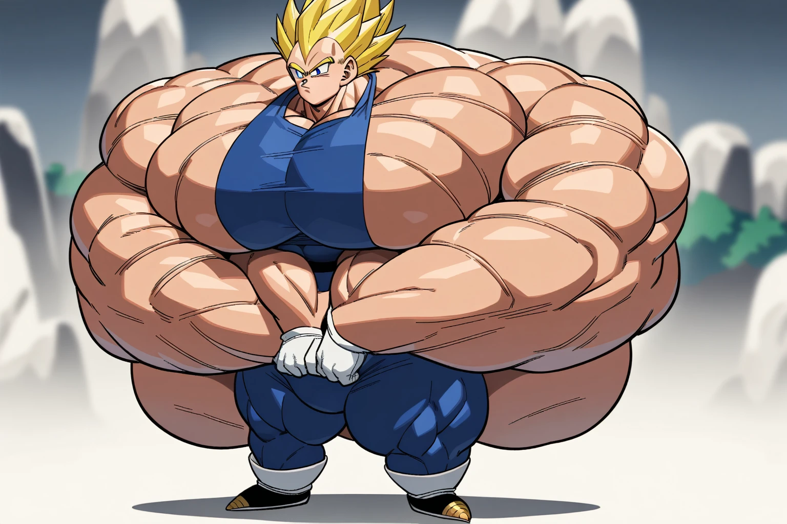 1boy, Vegeta, from Dragon Ball Z, masterpiece, best quality, very aesthetic, absurdres, saiyan, blue eyes, spiked hair, (yellow hair:1.5), standing up, good posture, shirtless, blue skintight pants, white gloves, (huge muscles:3), Dragon Ball Z artstyle, in the style of Akira Toriyama, white tiled floor, outdoor, flat-top mountains, Extreme Wide Shot, full pose, full body shot, (full body in frame:1), white boots with brown tips
